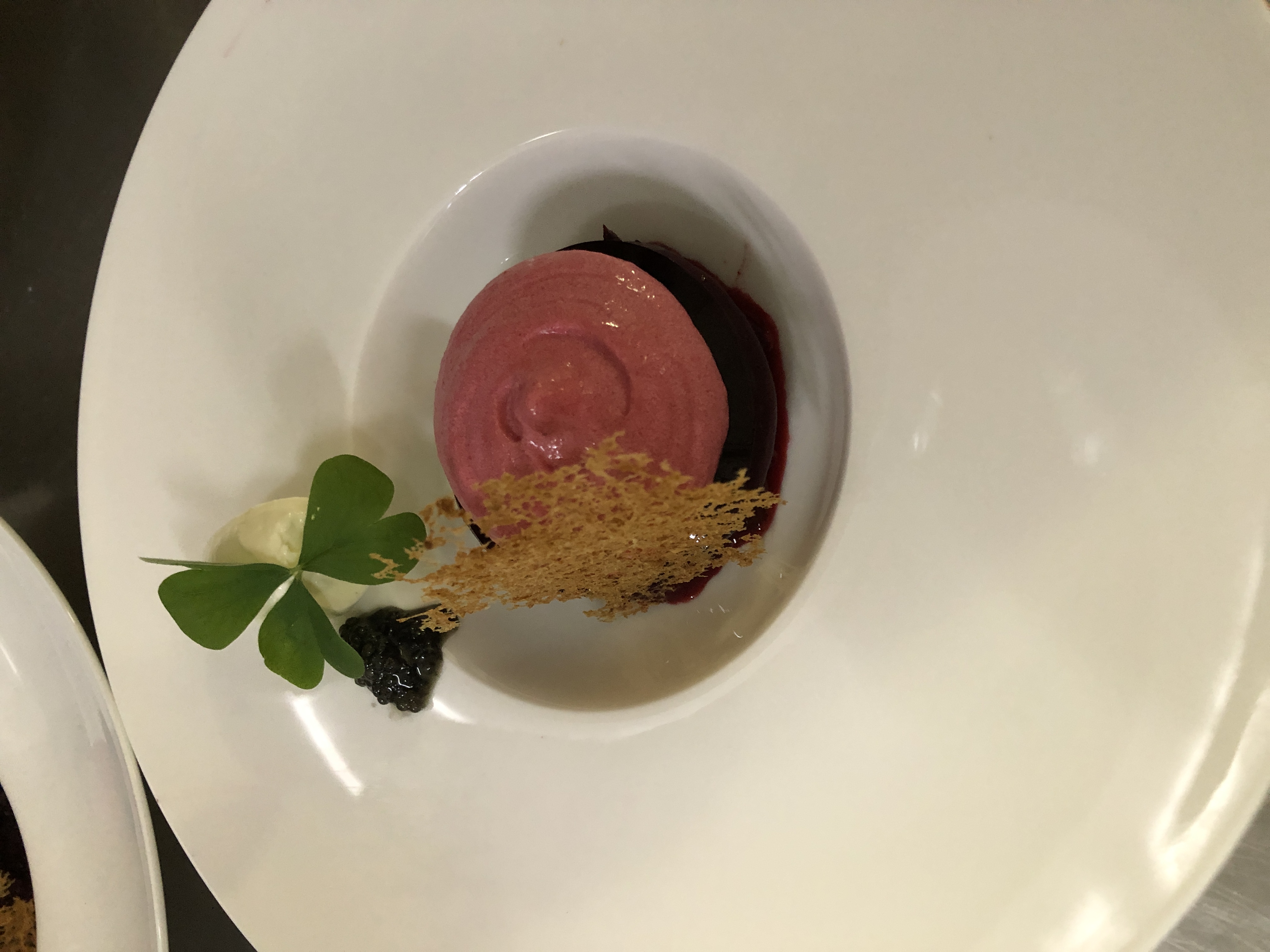 Beeren-Mousse mit Sauerklee, Karamell-Splittern und Holunder-Element auf weißem Teller
